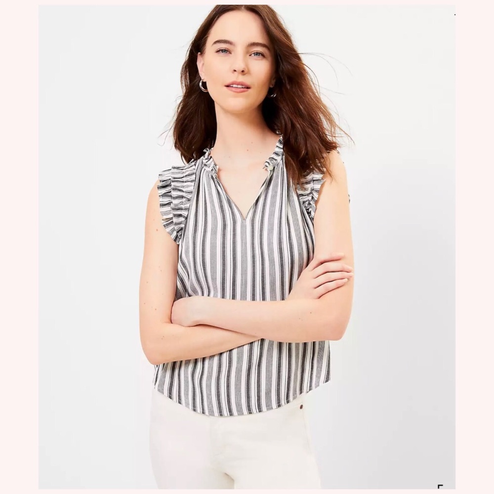 LOFT Striped Ruffle Split Neck Shell - Picture 1 of 3